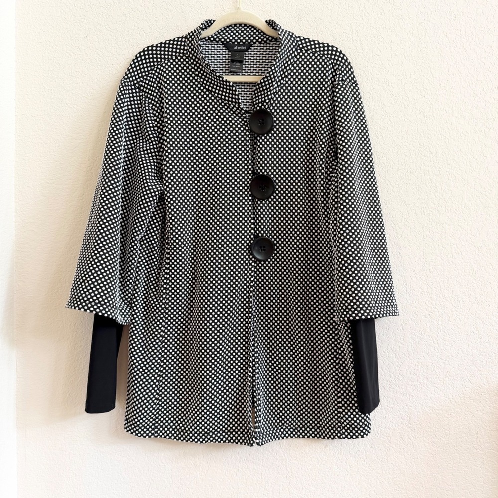 Ali Miles Womens Large Black White Polka Dot Textured Button Front Tunic Jacket